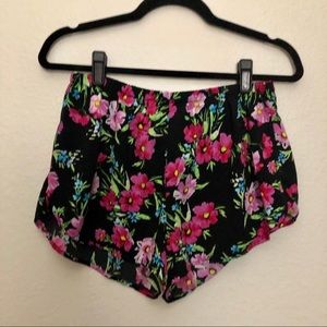 Floral Print Silky Black Shorts